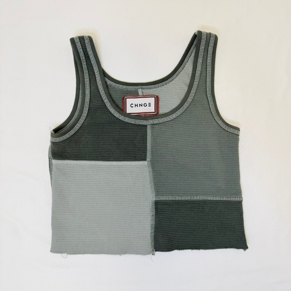 CHNGE, Patchwork Cropped Tank Top, Small, Green, Waffle Knit, MSRP $35